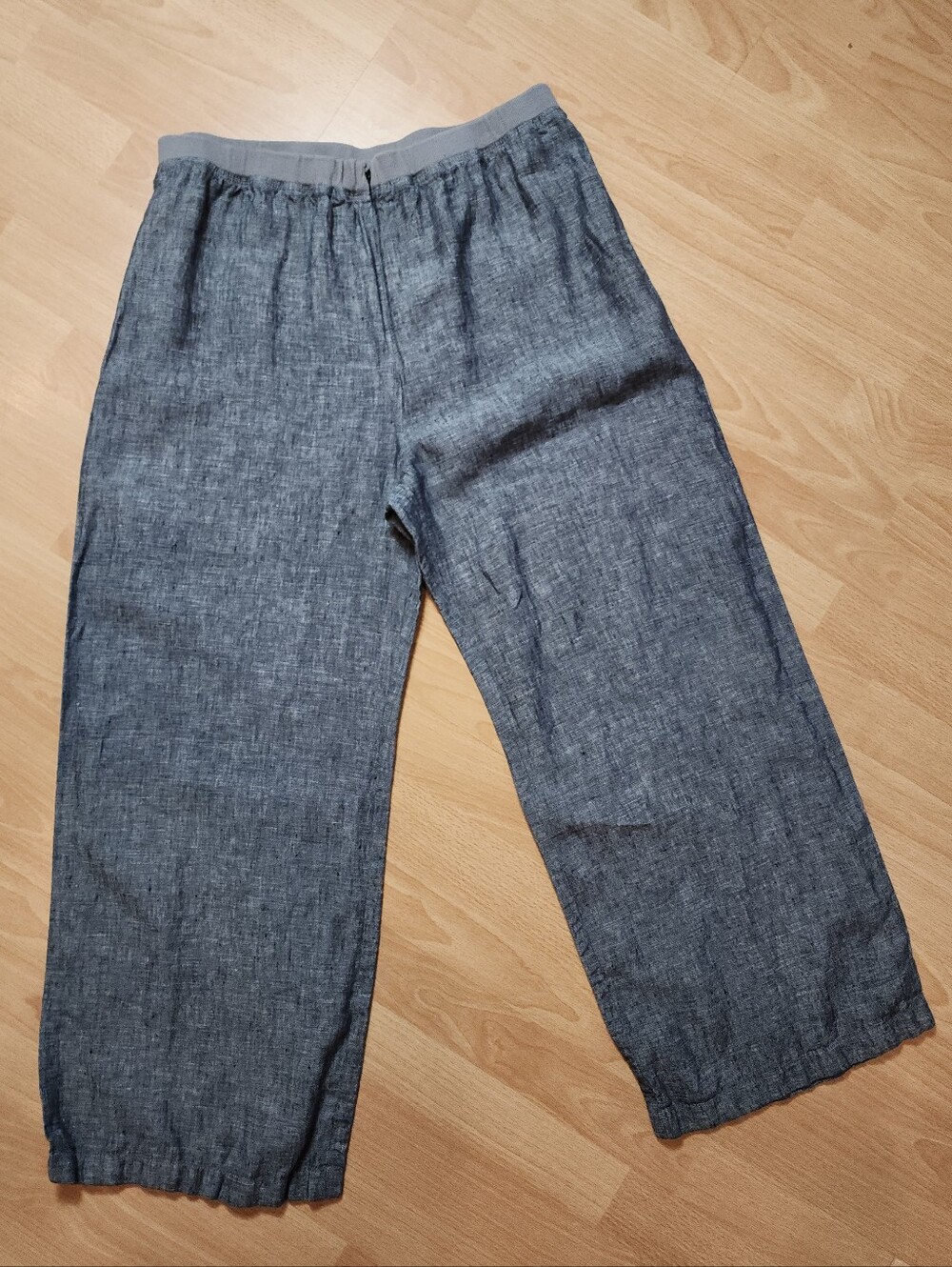 M/L Vivid 100% Linen Wide Leg Crop Pants Stretch Waist Zip Front Blue Grey 18